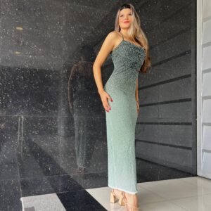 Maxi vestido con perlas y tiras con degradado