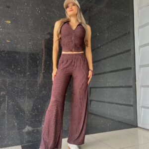 Conjunto de 2 piezas con cuello halter el top y pantalon suelto texturizado arrugado y cremallera