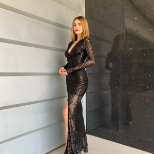 Vestido Maxi  con manga largas y Lentejuelas