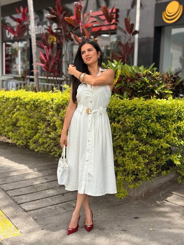 Vestido midi sin mangas con cuello camisero y detalle de cinturón - Imagen 2