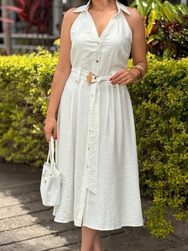 Vestido midi sin mangas con cuello camisero y detalle de cinturón - Imagen 3